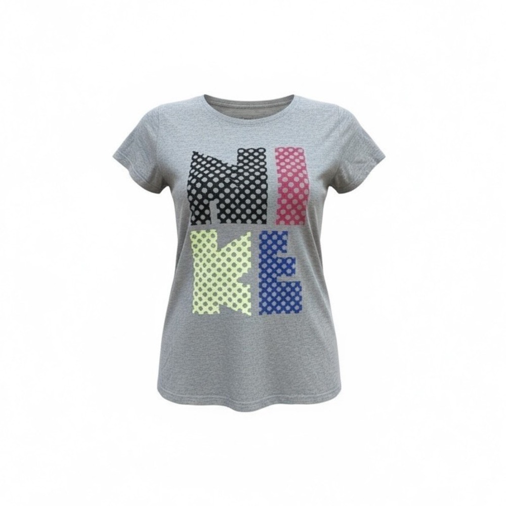 Nike T Shirt Women's Size Small Spell Out Logo Short Sleeve Gray/Multicolor